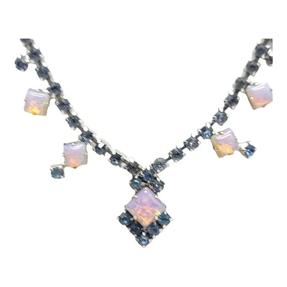 Blue Rhinestone Pink Faux Opal Art Deco Style Choker Necklace Silver Tone